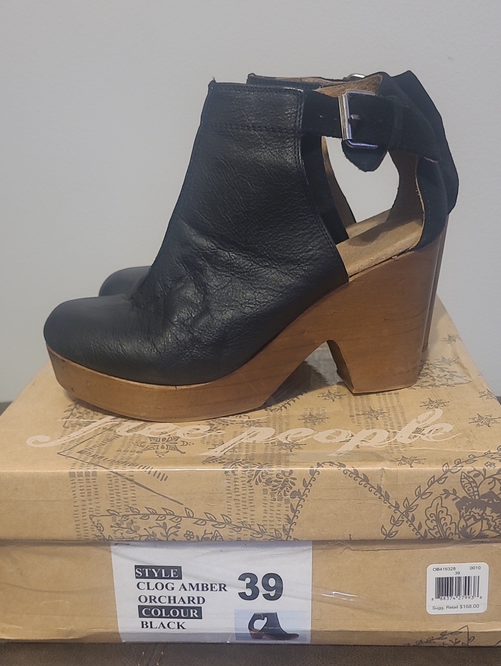 Free People Amber Orchard Black Leather Wood Wedge Clogs Ankle Straps Boho 8.5